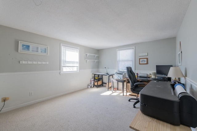 office featuring plenty of natural light, a textured ceiling, and carpet floors