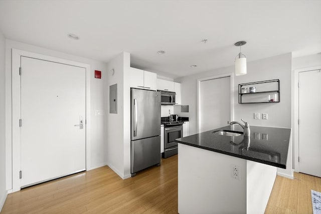 kitchen featuring appliances with stainless steel finishes, a sink, electric panel, light wood-style floors, and white cabinets