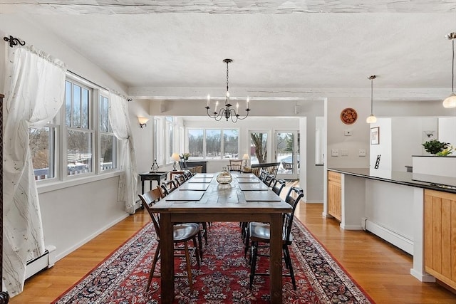 dining area with a healthy amount of sunlight, light wood-style floors, and a baseboard heating unit