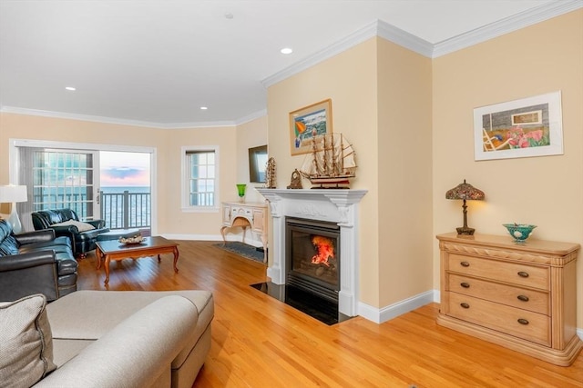 living room featuring wood-type flooring and ornamental molding