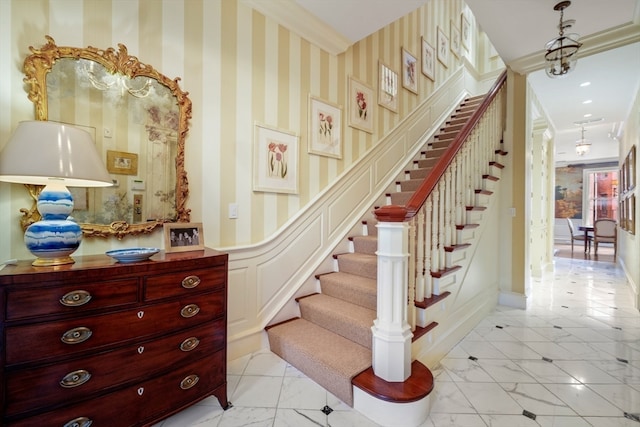 stairway with crown molding