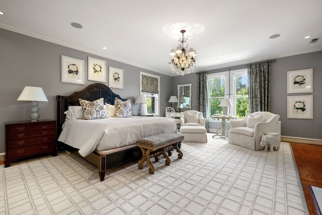 bedroom featuring light hardwood / wood-style floors, a notable chandelier, and ornamental molding