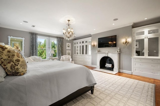 36 Commonwealth Ave Unit 2, Boston, MA 02116 - bedroom featuring a chandelier, light wood finished floors, crown molding, a fireplace, and baseboards