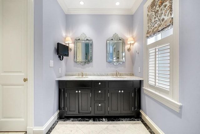 36 Commonwealth Ave Unit 2, Boston, MA 02116 - full bathroom with inlaid floor details, baseboards, double vanity, crown molding, and recessed lighting