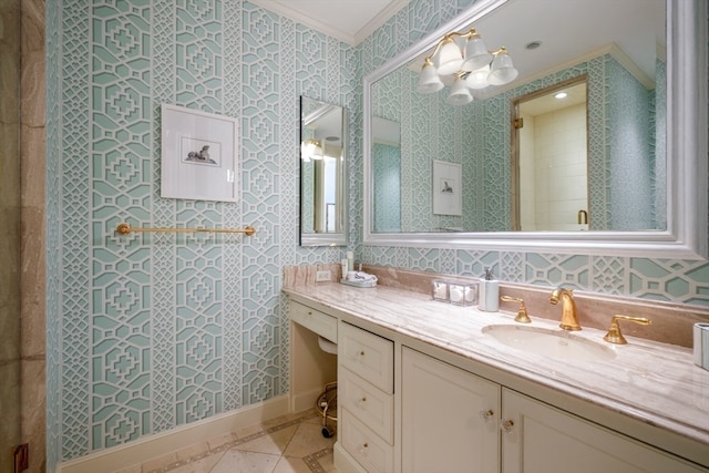 bathroom with vanity, a shower with shower door, ornamental molding, and tile patterned floors