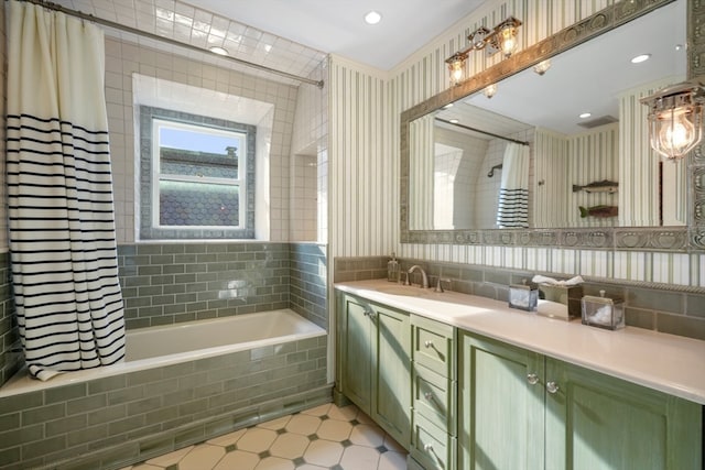 bathroom with vanity and shower / bath combo with shower curtain