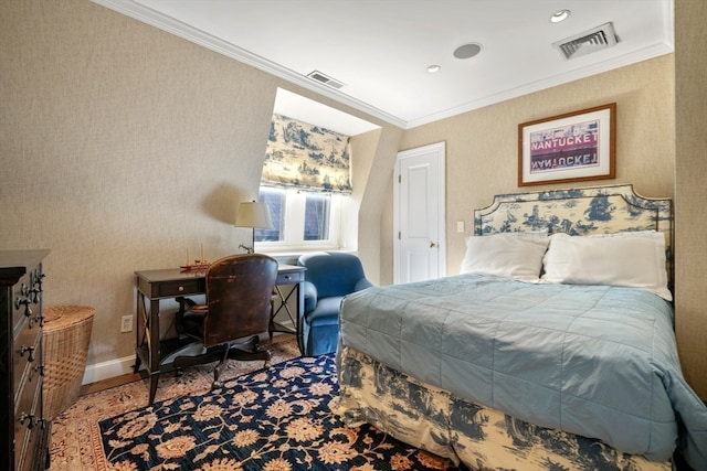 bedroom with ornamental molding and wood-type flooring