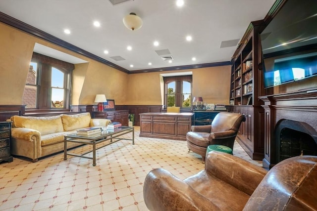 36 Commonwealth Ave Unit 2, Boston, MA 02116 - living room with crown molding, recessed lighting, a fireplace, light carpet, and a wainscoted wall