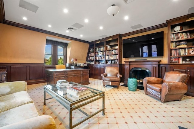 36 Commonwealth Ave Unit 2, Boston, MA 02116 - living room with crown molding, wainscoting, built in features, recessed lighting, and light carpet