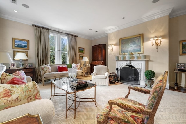 living room with ornamental molding and light hardwood / wood-style flooring