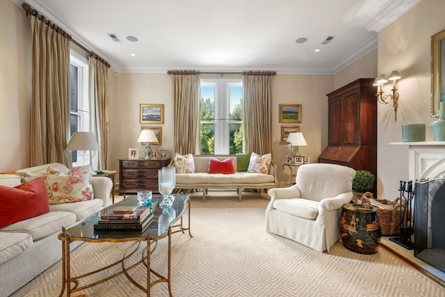 carpeted living room featuring crown molding