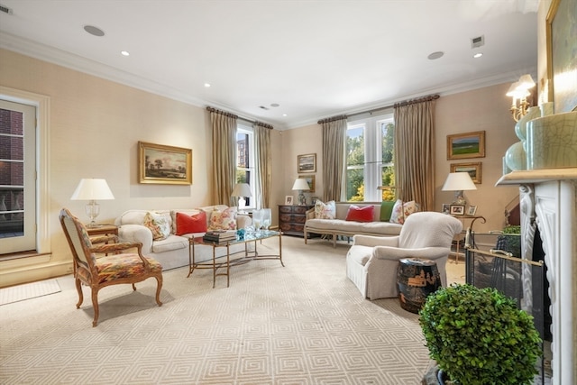 living room with crown molding