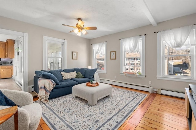 living room featuring a ceiling fan, light wood-style floors, beam ceiling, and a baseboard radiator