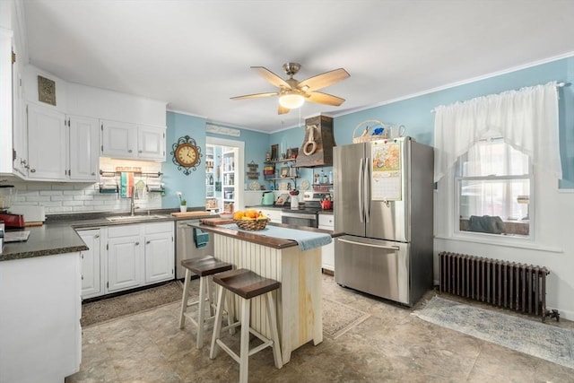 kitchen with radiator, appliances with stainless steel finishes, dark countertops, a sink, and backsplash
