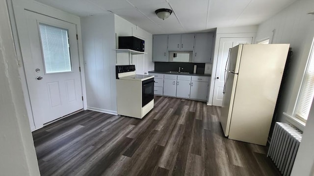 kitchen featuring white appliances, radiator, dark wood-style flooring, and a sink