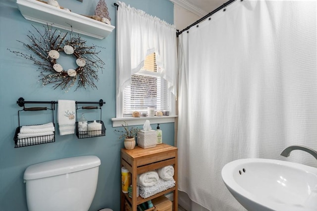 bathroom with a sink, toilet, a shower with curtain, and crown molding