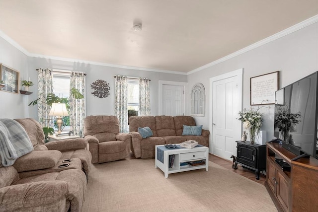 living room with ornamental molding and light wood-type flooring