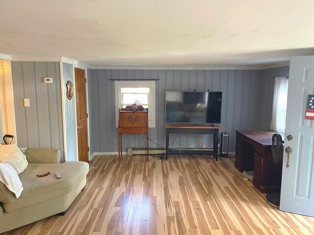 8 Sandy Ln, Pembroke, MA 02359 - living area with wood finished floors, baseboard heating, and crown molding