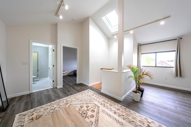 19 Burnham St Unit C2, Belmont, MA 02478 - hallway featuring track lighting, a skylight, vaulted ceiling, wood finished floors, and baseboards