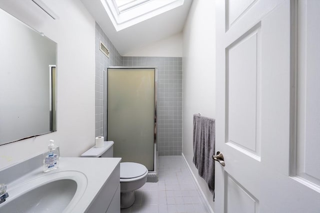 19 Burnham St Unit C2, Belmont, MA 02478 - bathroom featuring tile patterned floors, a skylight, toilet, a shower stall, and lofted ceiling