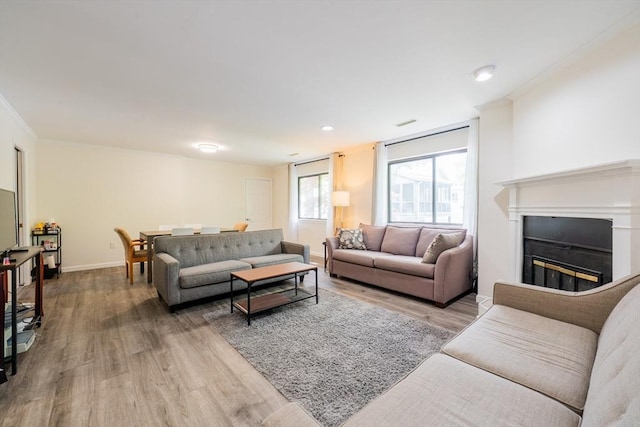 19 Burnham St Unit C2, Belmont, MA 02478 - living room featuring wood finished floors, ornamental molding, baseboards, a glass covered fireplace, and recessed lighting