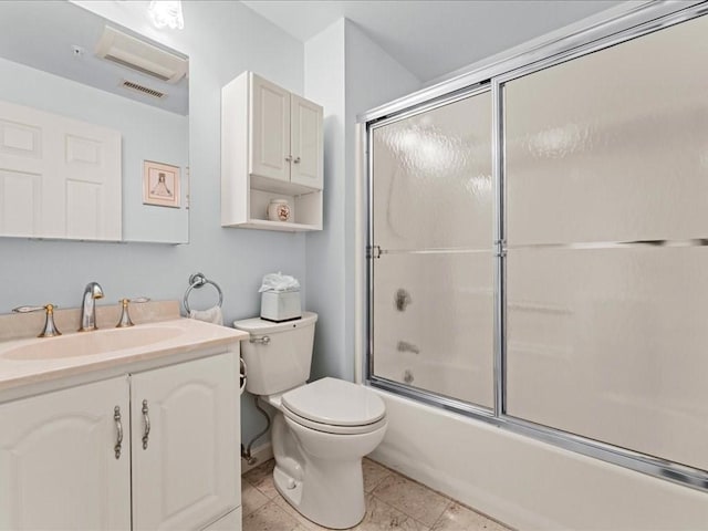 full bath featuring tile patterned floors, visible vents, toilet, enclosed tub / shower combo, and vanity