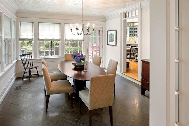 dining room featuring wood ceiling, dark hardwood / wood-style floors, an inviting chandelier, and ornamental molding