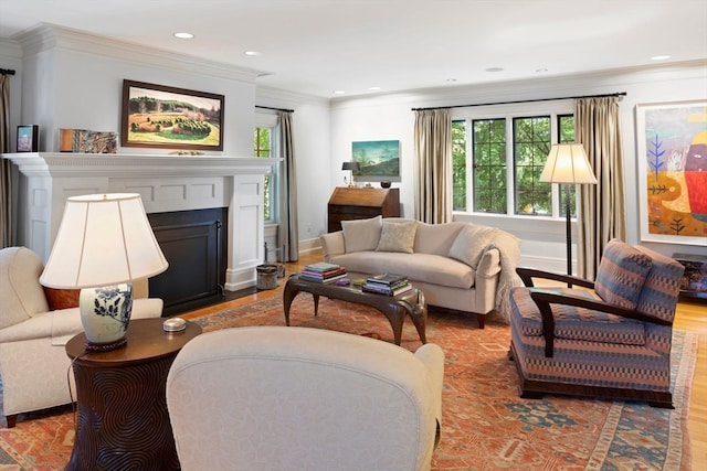 living room featuring ornamental molding and light hardwood / wood-style flooring