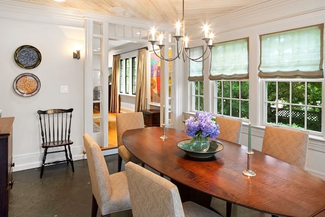 dining room featuring wood ceiling, a notable chandelier, and ornamental molding