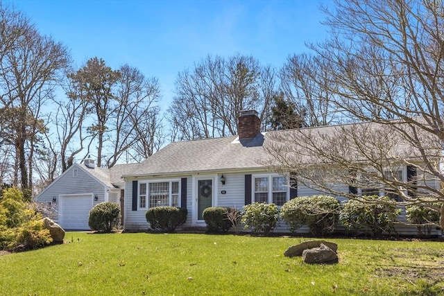 ranch-style house featuring a garage, roof with shingles, a chimney, and a front lawn
