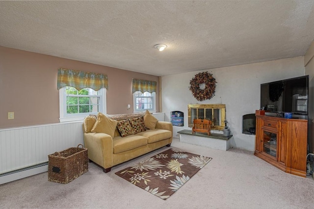 14 W Winkley St, Amesbury, MA 01913 - living room with carpet flooring, a textured ceiling, a baseboard radiator, a wood stove, and a wainscoted wall