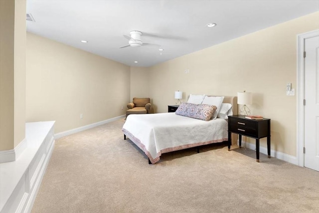 carpeted bedroom featuring ceiling fan, visible vents, baseboards, and recessed lighting