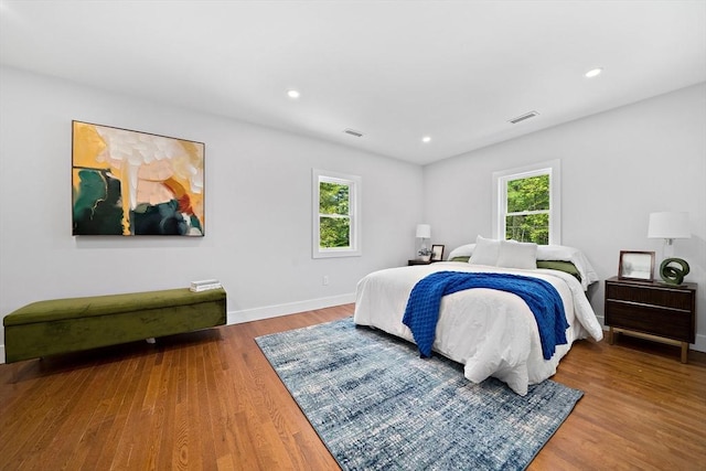 bedroom featuring wood-type flooring and multiple windows