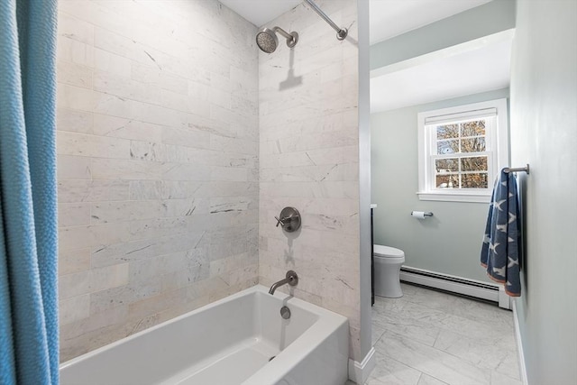 bathroom with marble finish floor, shower / tub combo, a baseboard radiator, and toilet