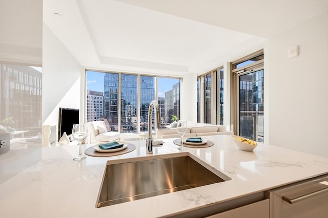 kitchen featuring a sink, a city view, open floor plan, and light stone countertops
