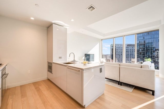 kitchen with visible vents, a sink, light wood finished floors, a peninsula, and white cabinetry