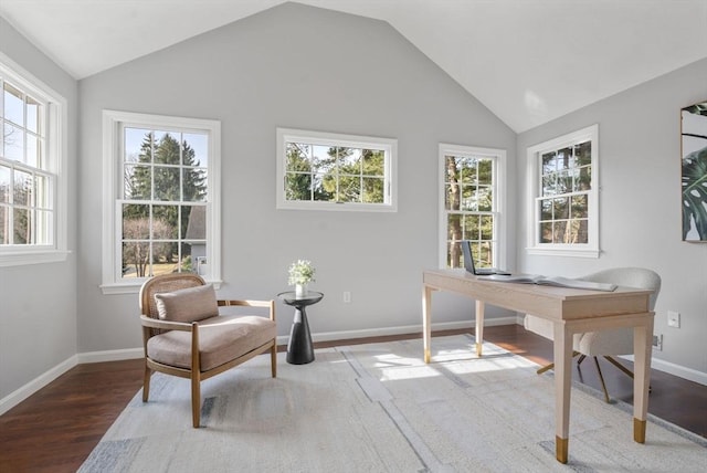 office space with vaulted ceiling, wood finished floors, baseboards, and a healthy amount of sunlight