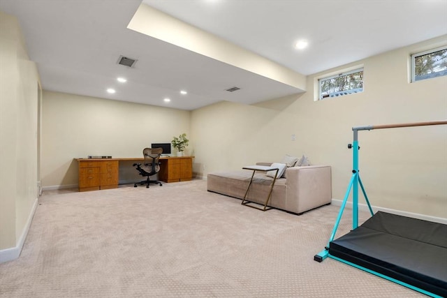 workout area with recessed lighting, visible vents, baseboards, and carpet flooring