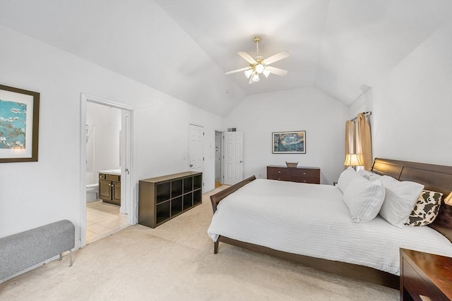 21 Butterfield Ln, Westford, MA 01886 - bedroom featuring lofted ceiling, light carpet, ensuite bathroom, and a ceiling fan