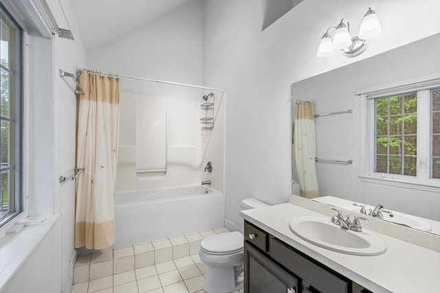 21 Butterfield Ln, Westford, MA 01886 - bathroom with toilet, shower / tub combo, tile patterned flooring, vanity, and vaulted ceiling