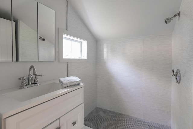 40 Scotchmans Ln, West Tisbury, MA 02575 - full bath featuring lofted ceiling, vanity, and tiled shower