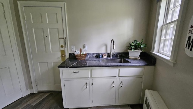 bar with a sink, dark wood finished floors, and radiator