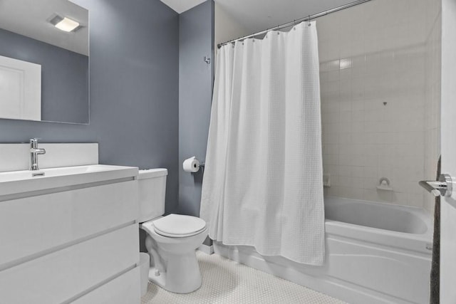 full bath with vanity, tile patterned flooring, toilet, and shower / tub combo with curtain