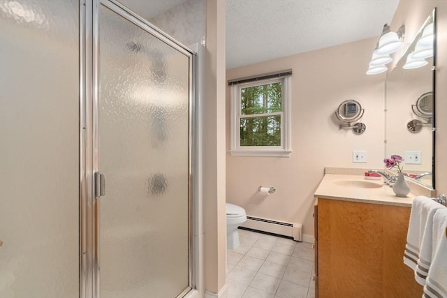 67 Flanagan Dr, Framingham, MA 01701 - bathroom featuring a baseboard radiator, vanity, tile patterned flooring, and a stall shower