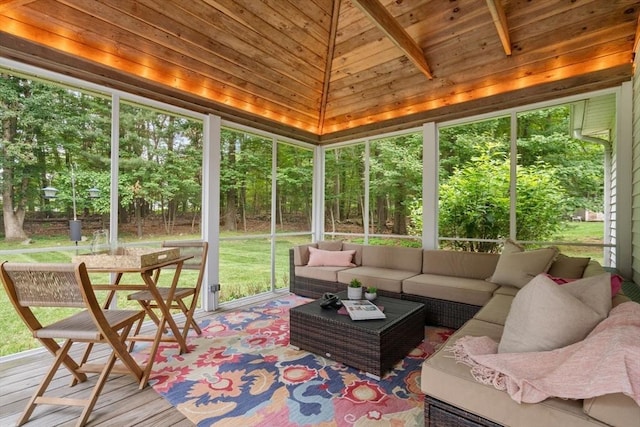 67 Flanagan Dr, Framingham, MA 01701 - sunroom / solarium featuring an outdoor hangout area, vaulted ceiling, and view of scattered trees