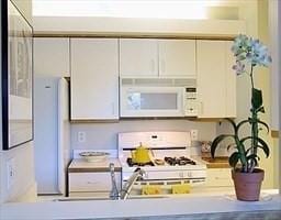 kitchen featuring white appliances and white cabinetry