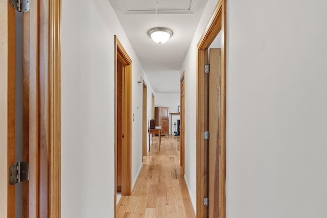 corridor with light wood finished floors, attic access, and baseboards