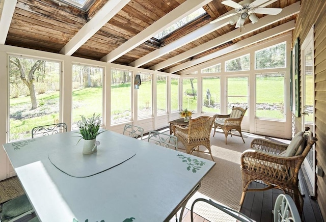 185 Woodland St, Natick, MA 01760 - sunroom / solarium with ceiling fan, a skylight, outdoor dining area, and french doors