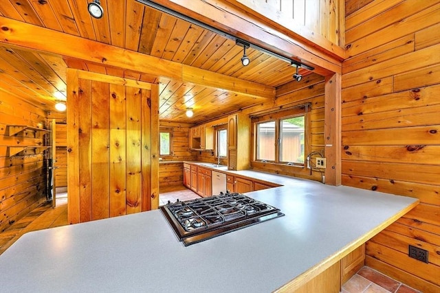 1175 Main Rd, Westport, MA 02790 - kitchen featuring wood walls, stovetop, healthy amount of natural light, wooden ceiling with exposed beams, and dishwasher