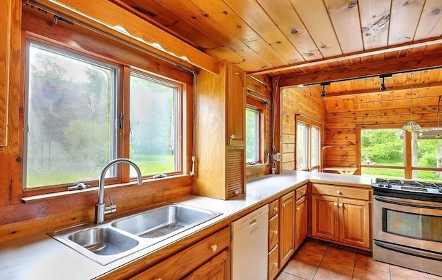 1175 Main Rd, Westport, MA 02790 - kitchen featuring dishwasher, a sink, stainless steel range with gas stovetop, wooden ceiling, and plenty of natural light